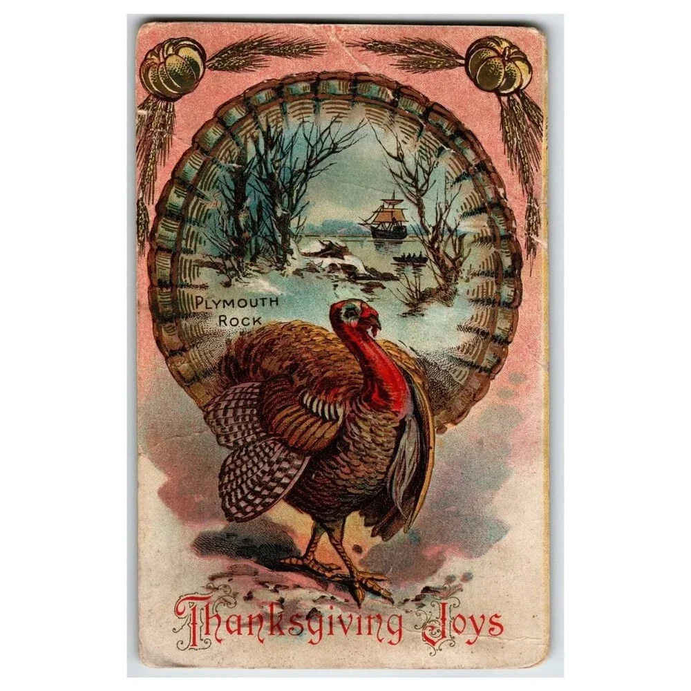 Vintage Thanksgiving Turkey Plymouth Rock Mayflower Ship Postcard S. 501-A